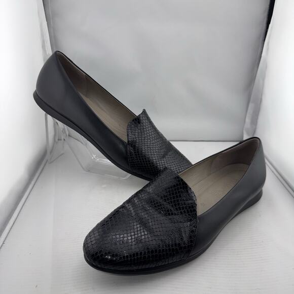 ECCO Real Leather Black Loafers Reptile Cap Toe Flats Women’s Size 41 US 10-10.5 - Picture 1 of 10